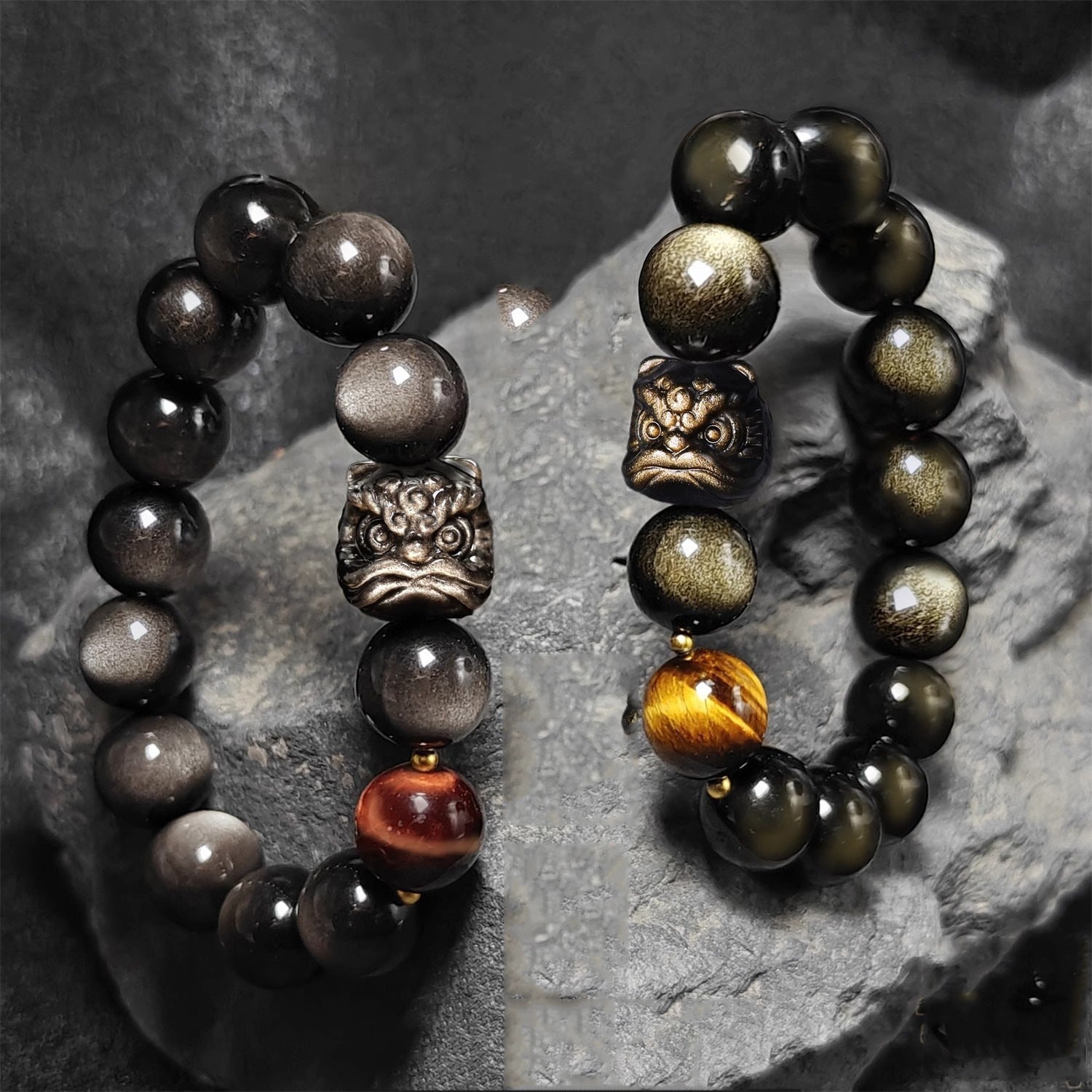 Natural Silver Obsidian Bracelet National Trend Lion Dance Men Women Couple Style Cultural Play Black Obsidian Beads Gold Obsidian Jewelry