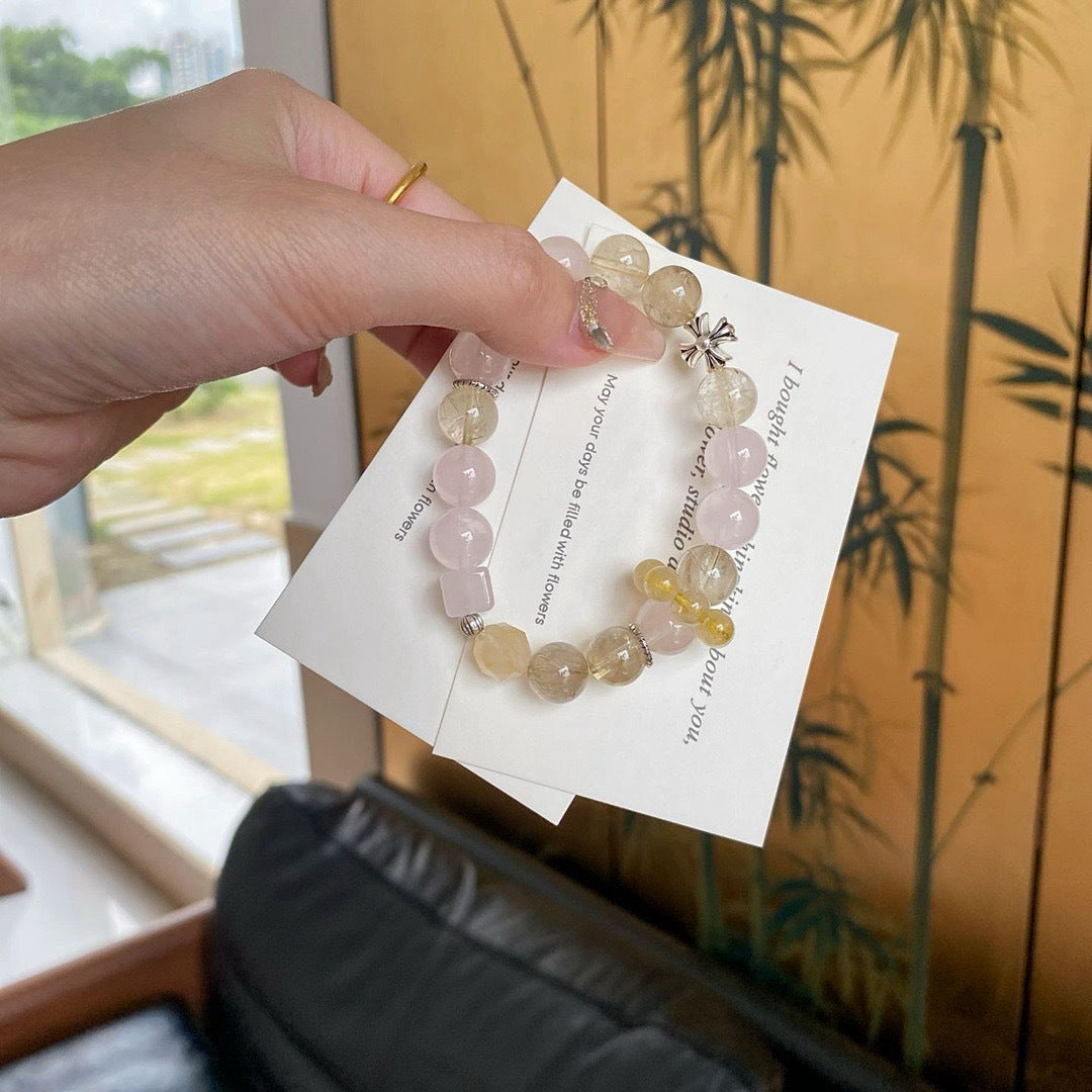 Natural Pink Crystal Mo Pink Bracelet Sweet Pink Crystal White Crystal Lion Awakening Yellow Crystal Bracelet for Women Niche High-end Light Luxury