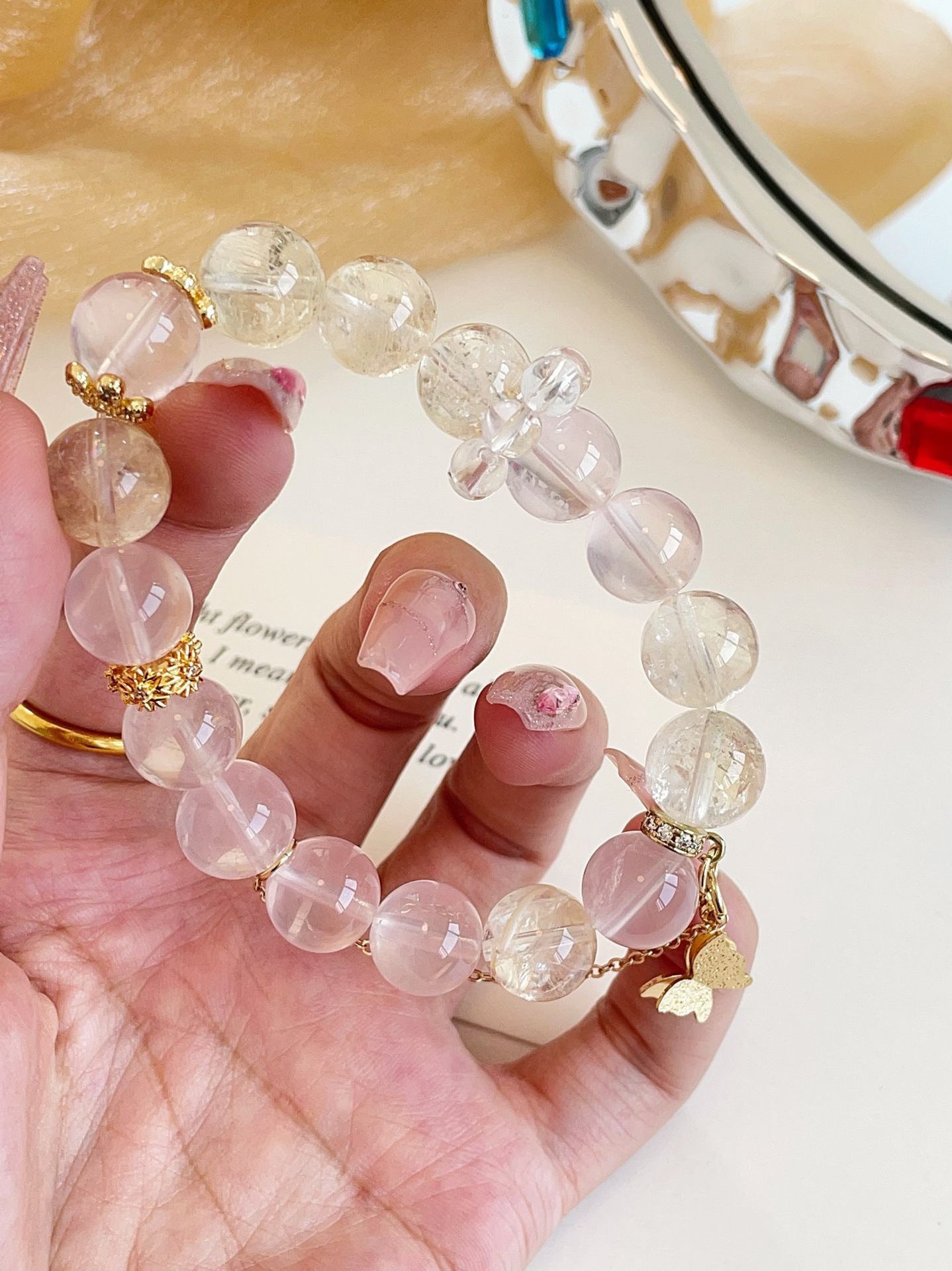 Natural Pink Crystal Mozambique Pink Bracelet Sweet Pink Crystal White Crystal Lion Awakening Yellow Crystal Bracelet for Women Niche High-end Light Luxury