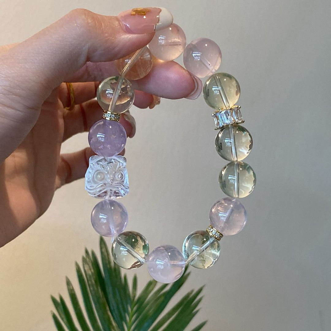 Natural Pink Crystal Mo Pink Bracelet Sweet Pink Crystal White Crystal Lion Awakening Yellow Crystal Bracelet for Women Niche High-end Light Luxury