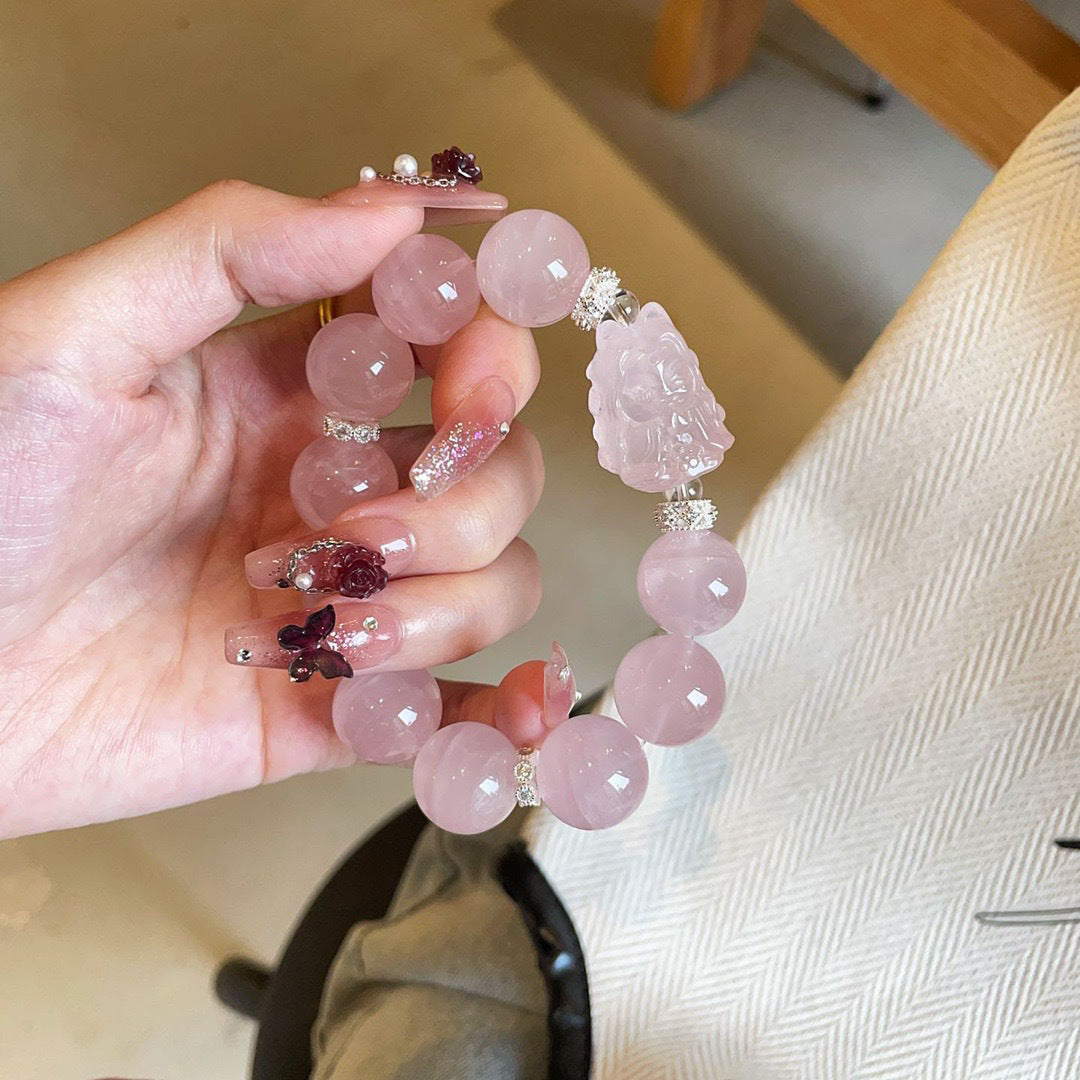 Natural Pink Crystal Mo Pink Bracelet Sweet Pink Crystal White Crystal Lion Awakening Yellow Crystal Bracelet for Women Niche High-end Light Luxury