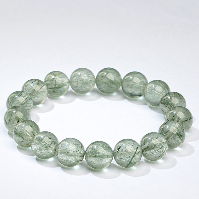 Premium Crystal Natural Ice Transparent Green Rutilated Quartz Bracelet Round Beads Green Hair Crystal Bracelet Green Cat's Eye Green Hair Wholesale