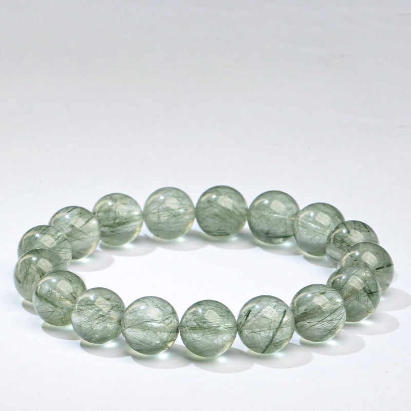 Premium Crystal Natural Ice Transparent Green Rutilated Quartz Bracelet Round Beads Green Hair Crystal Bracelet Green Cat's Eye Green Hair Wholesale