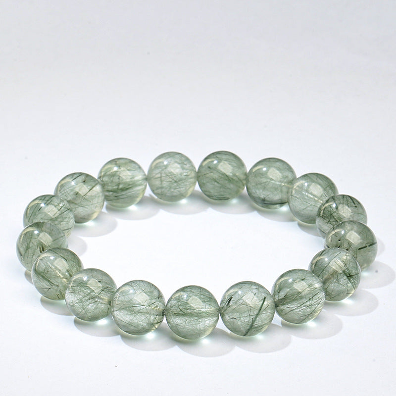 Premium Crystal Natural Ice Transparent Green Rutilated Quartz Bracelet Round Beads Green Hair Crystal Bracelet Green Cat's Eye Green Hair Wholesale