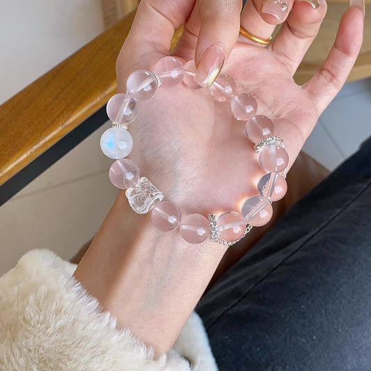 Natural Pink Crystal Mo Pink Bracelet Sweet Pink Crystal White Crystal Lion Awakening Yellow Crystal Bracelet for Women Niche High-end Light Luxury