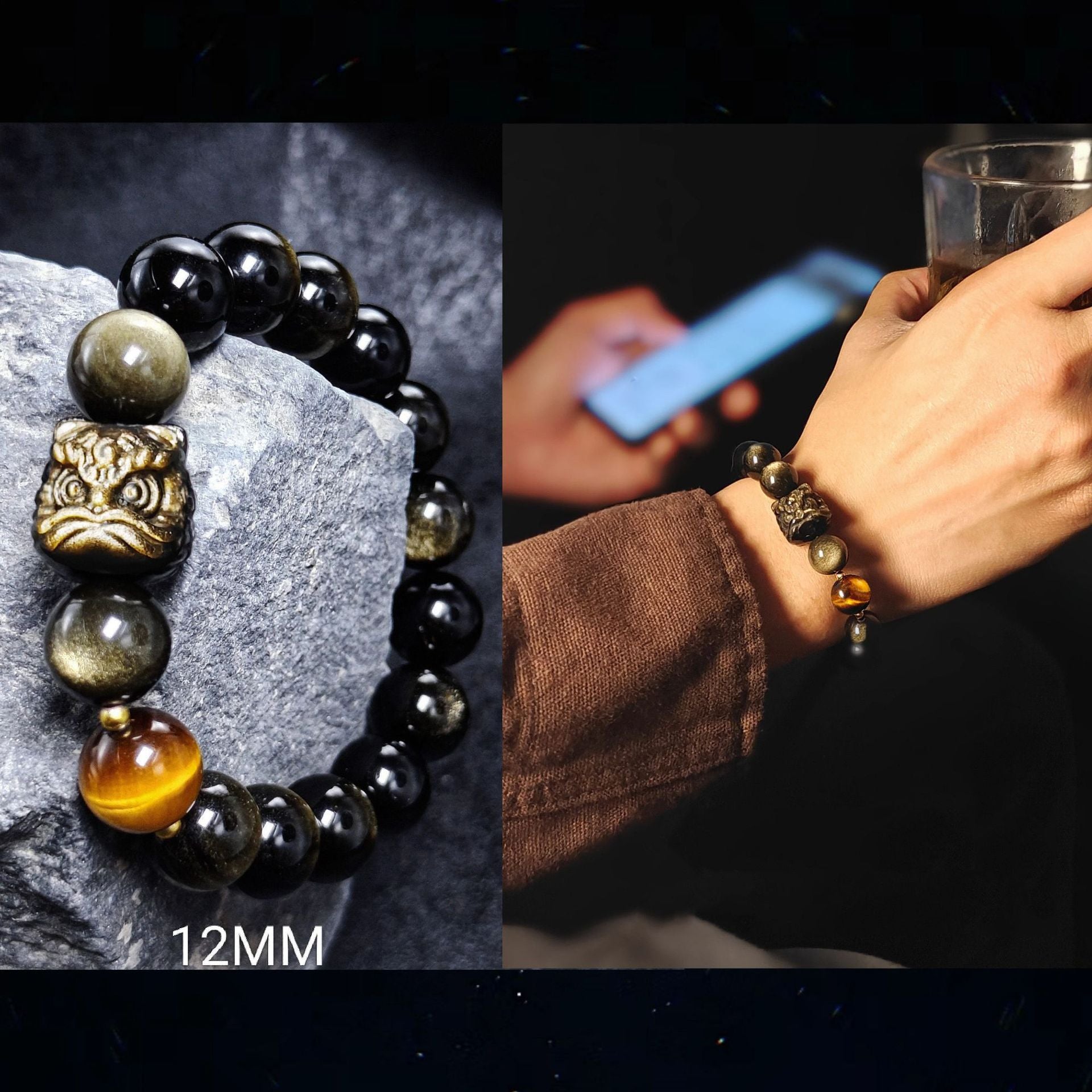 Natural Silver Obsidian Bracelet National Trend Lion Dance Men Women Couple Style Cultural Play Black Obsidian Beads Gold Obsidian Jewelry