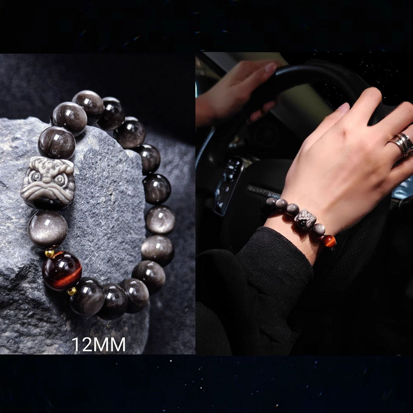 Natural Silver Obsidian Bracelet National Trend Lion Dance Men Women Couple Style Cultural Play Black Obsidian Beads Gold Obsidian Jewelry